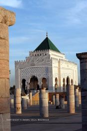 Image du Maroc Professionnelle de  Le tombeau du plus populaire des sultans du Maroc, Mohammed V, père de l’indépendance repose ici dans cette  demeure bâtie en marbre blanc et couronnée par un toit pyramidale orna de tuiles vertes, symbole de la royauté. Sa construction a nécessita une dizaine d’année, au premier plan  les colonnes de l’esplanade de la Mosquée Hassan à Rabat, Jeudi 1er Mars 2007. (Photo / Abdeljalil Bounhar)
